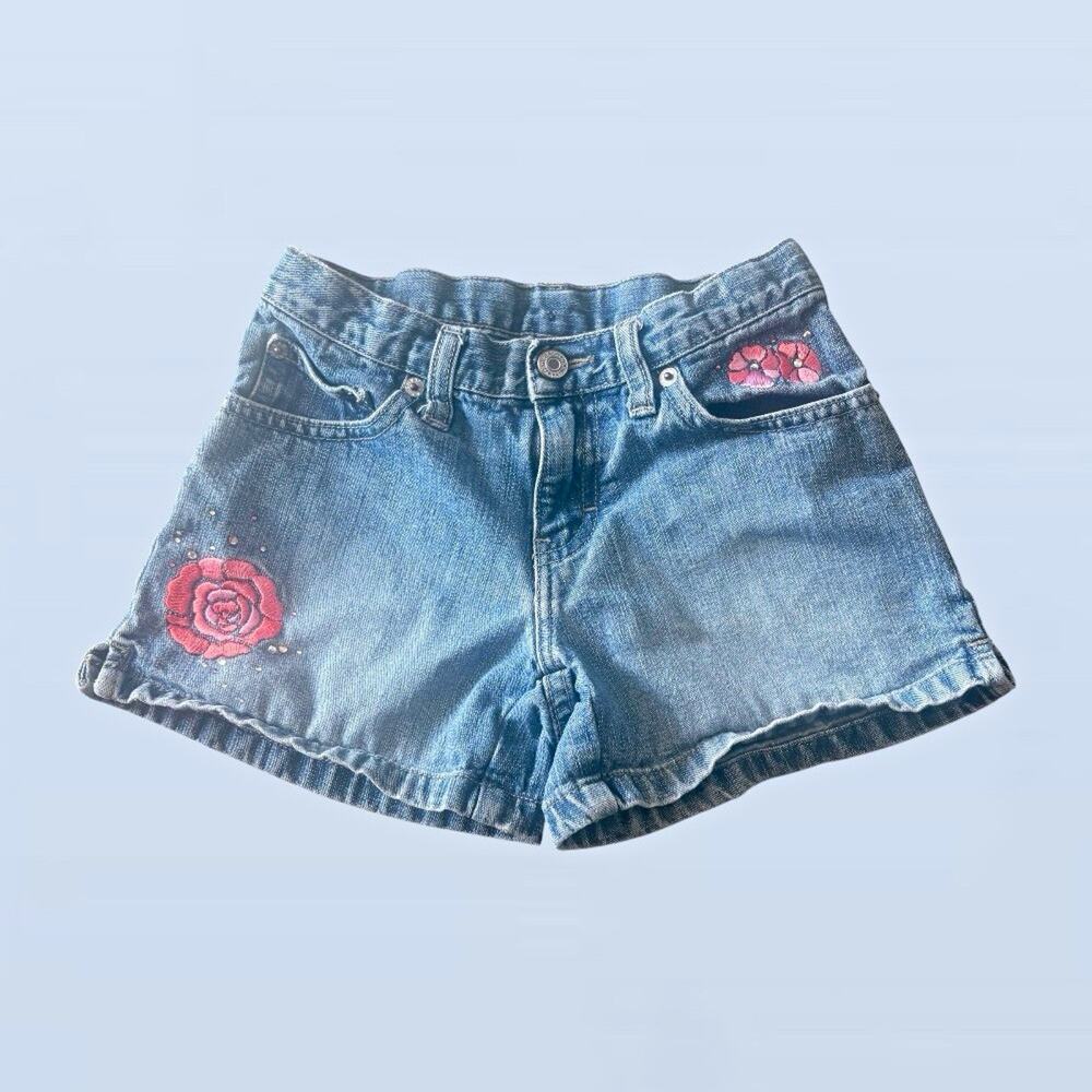 GAP Kids Girls Blue Denim Shorts Size 7 Floral Flower Pockets Button Medium Wash